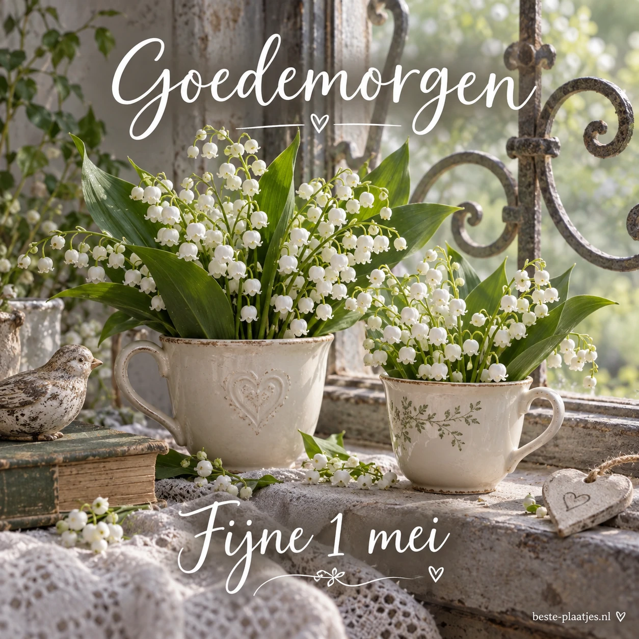 Twee keramische koppen met lelietjes-van-dalen staan bij een oud raam.
