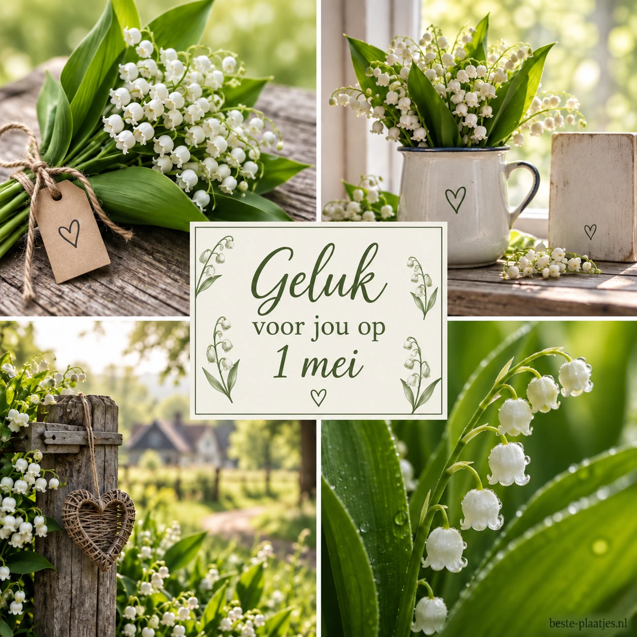 Een vierdelige collage toont boeketjes meiklokjes, een raam en een bloementuin.
