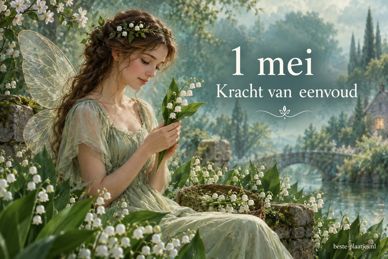 Een vrouw met tere vleugels houdt bij een meer een takje meiklokjes vast.