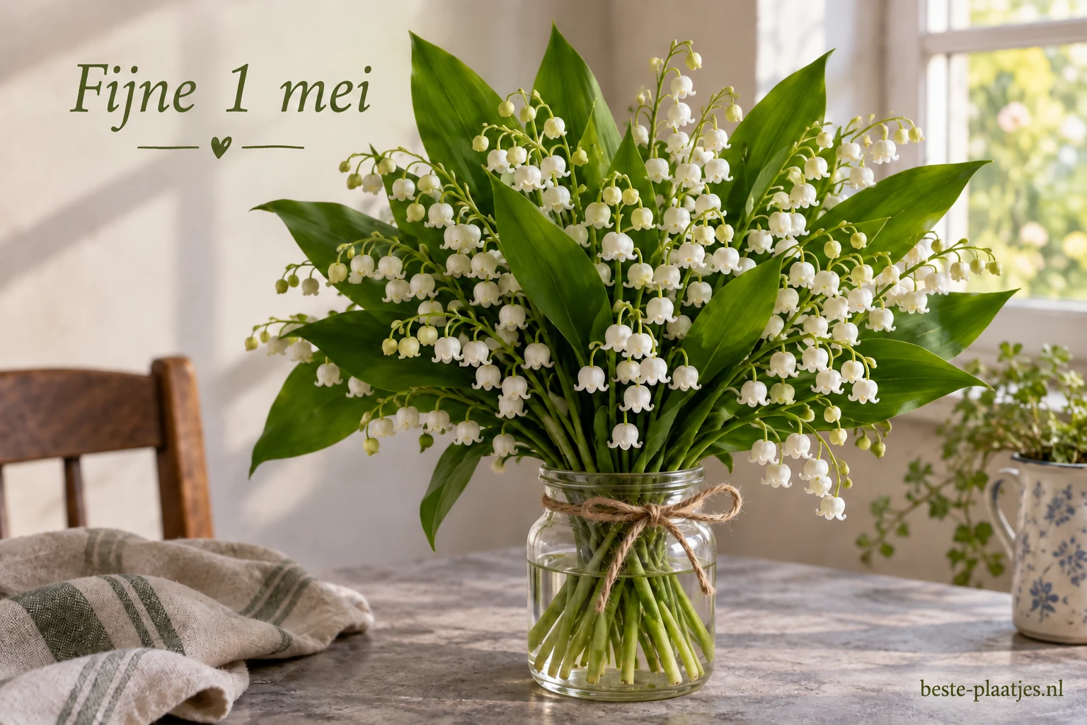 Een groot boeket meiklokjes staat in een glazen vaas op een stenen tafel.