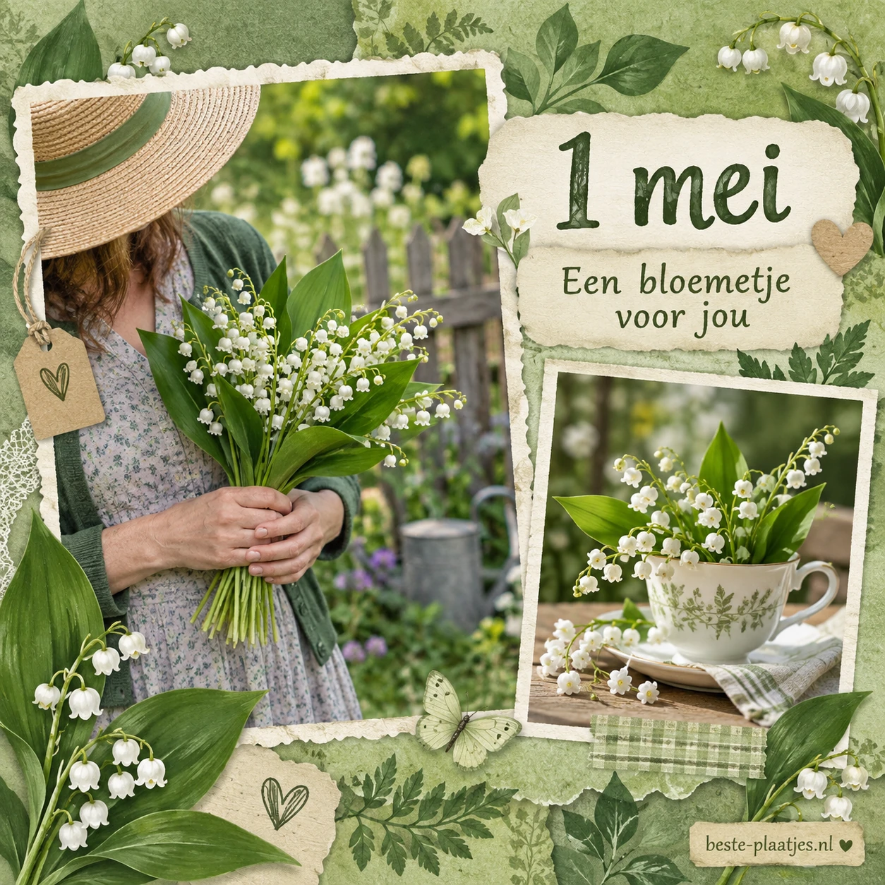 Een vrouw houdt meiklokjes vast in een groen albumcollage met een bloemige kop.