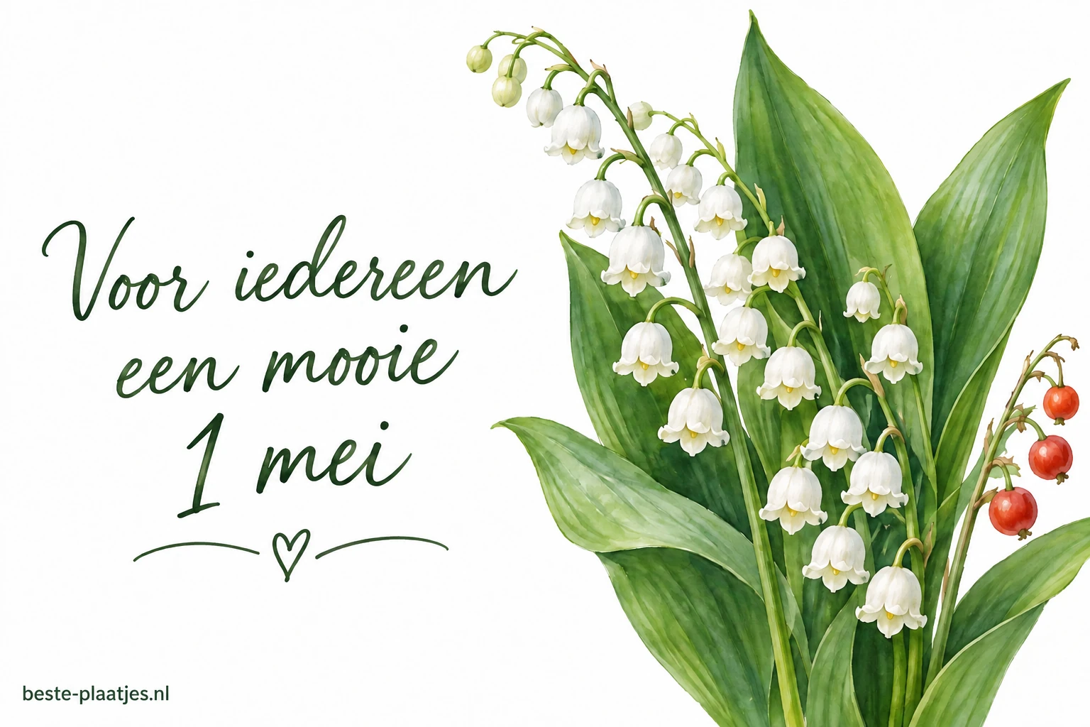 Een botanische aquarel van meiklokjes met enkele rode bessen staat op wit papier.