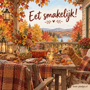 Gezellig gedekte tafel op een veranda omringd door herfstbladeren en kleurrijke bomen. Eet smakelijk!.