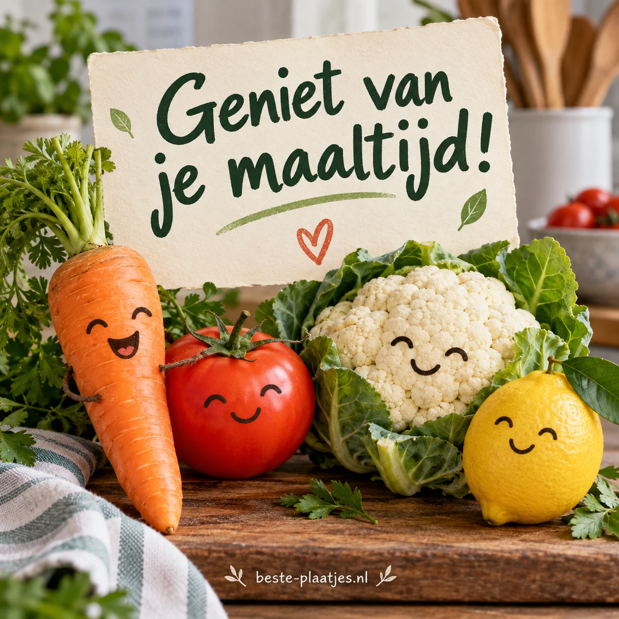 Vrolijke wortel en tomaat naast een bloemkool en citroen.