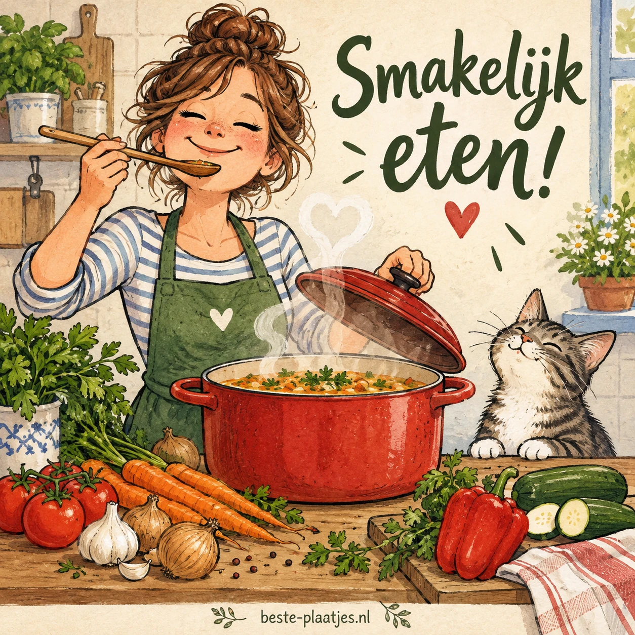 Kokende tekenfiguur met lepel en grote pan, omringd door groenten.