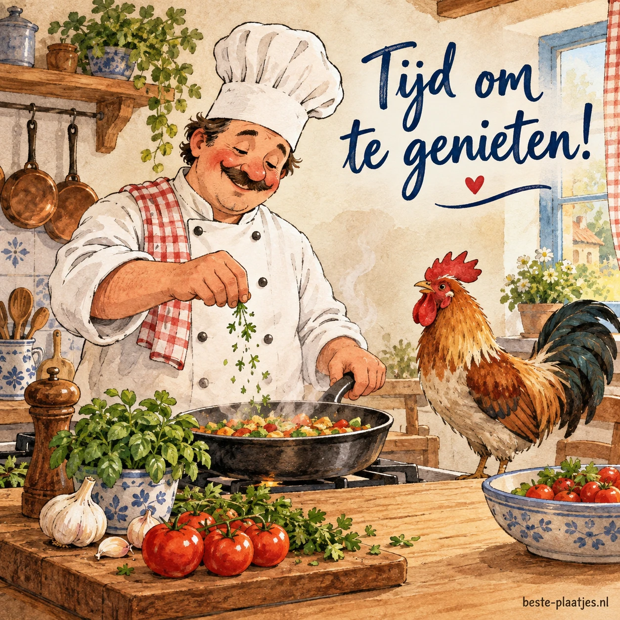 Een kok en een haan in de keuken, de kok bereidt eten.
