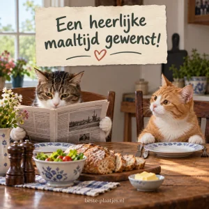 Twee katten zitten aan tafel, de een leest de krant.