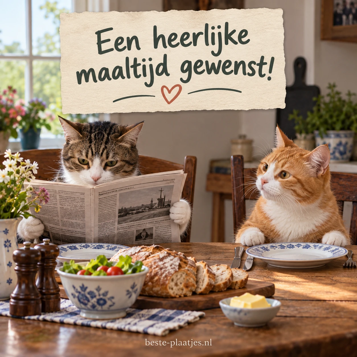 Twee katten zitten aan tafel, de een leest de krant.