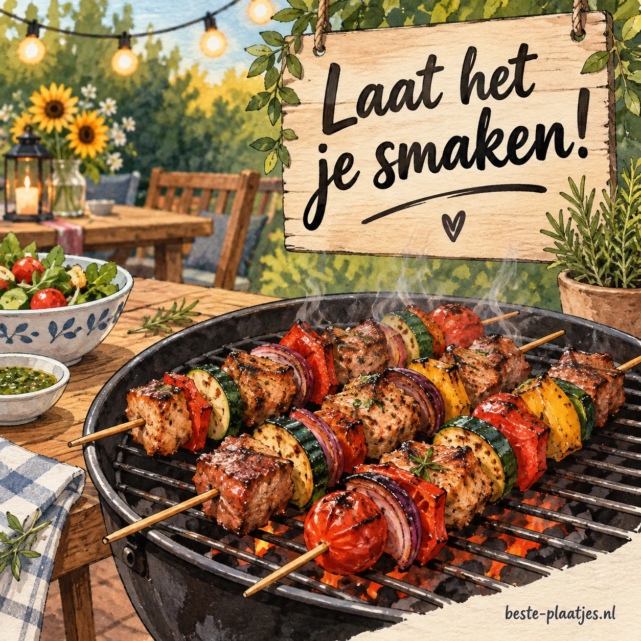 Heerlijke gegrilde BBQ-spiesjes met vlees en groenten, perfect voor een smakelijke barbecue-avond.