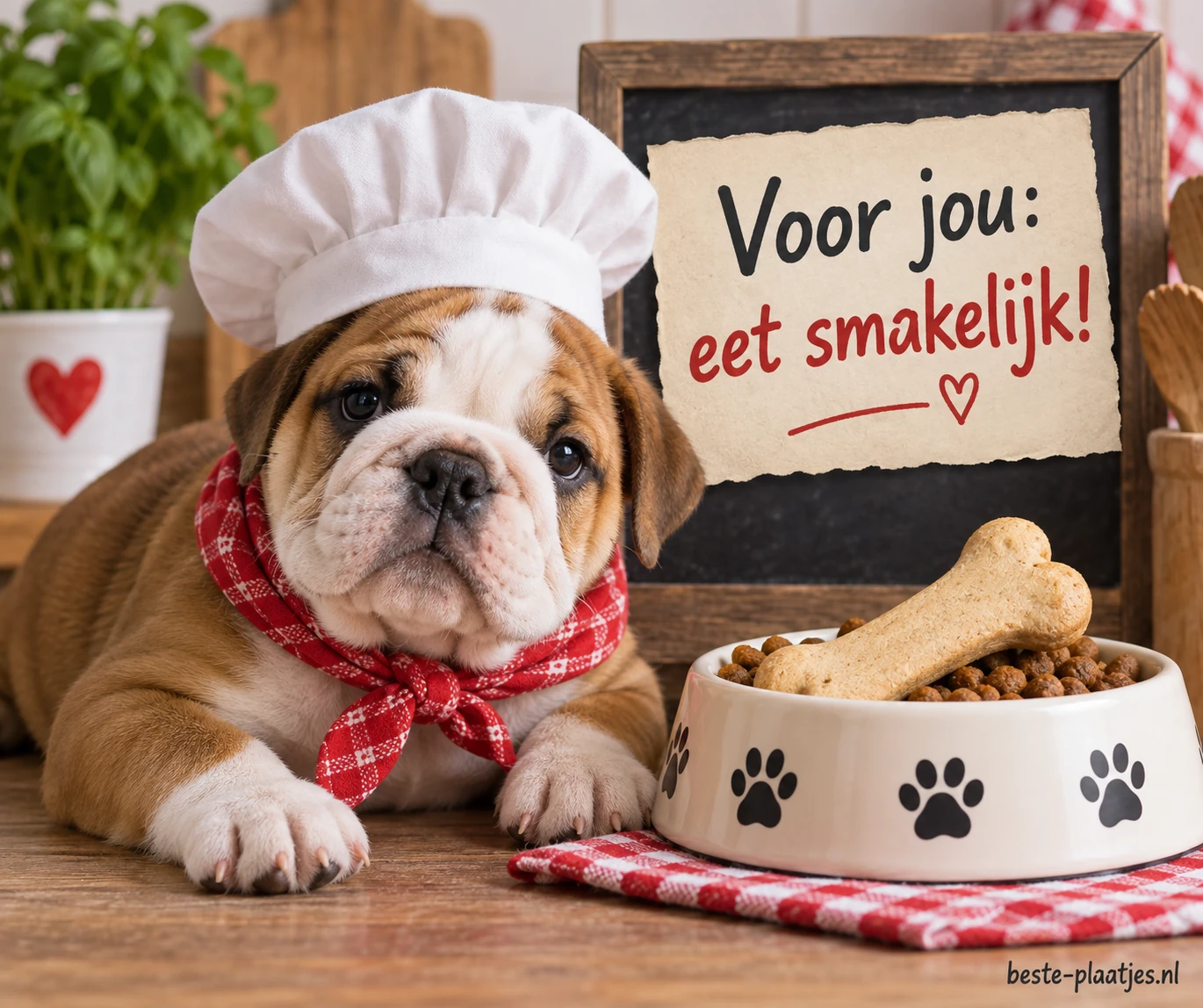 Een bulldogpuppy met koksmuts en rode sjaal, liggend naast een hondenvoerbak met een groot bot.