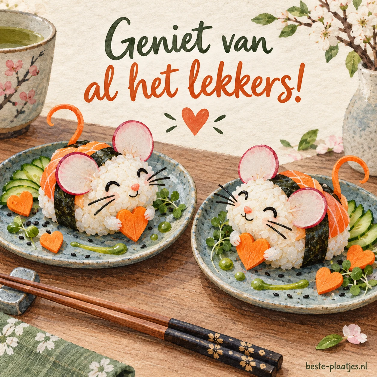 Twee borden met sushi in de vorm van twee vrolijke muisvormen, versierd met wortelhartjes en groene saus.