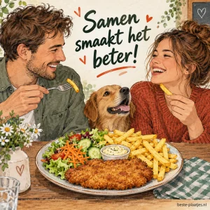 Bord met frietjes, sla, komkommer, wortels, een krokante schnitzel en saus.
