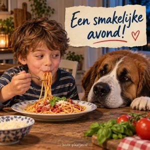 Een jongen eet spaghetti terwijl een grote hond zijn bord met spaghetti bewondert.