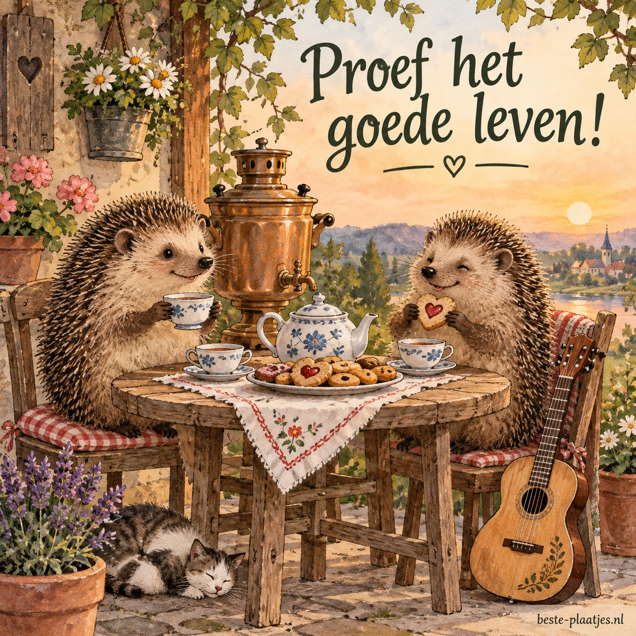 Twee egels zitten aan een houten tafeltje met koekjes, een samovar, een theepot en een miniatuur gitaar. Smakelijk!.