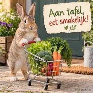 Een konijn duwt een klein winkelwagentje vol met verse groenten zoals sla, wortel en broccoli. Smakelijk eten!.