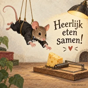 Een muis in een zwart pak hangt aan touwtjes boven een muizenval met kaas.