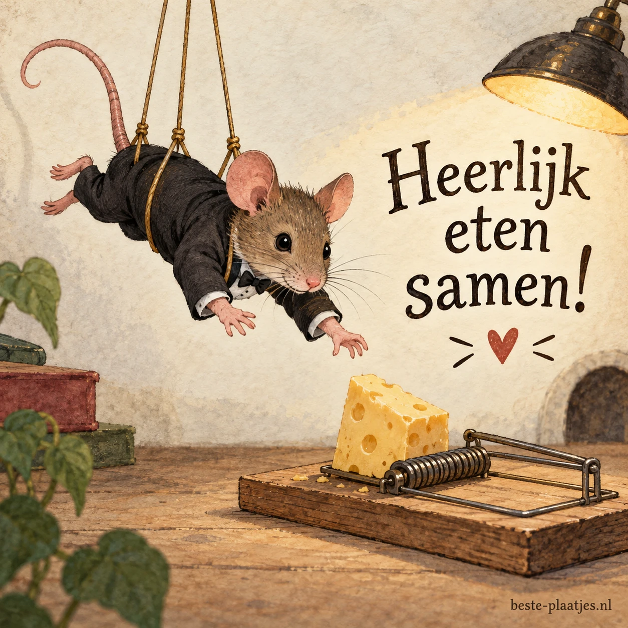 Een muis in een zwart pak hangt aan touwtjes boven een muizenval met kaas.