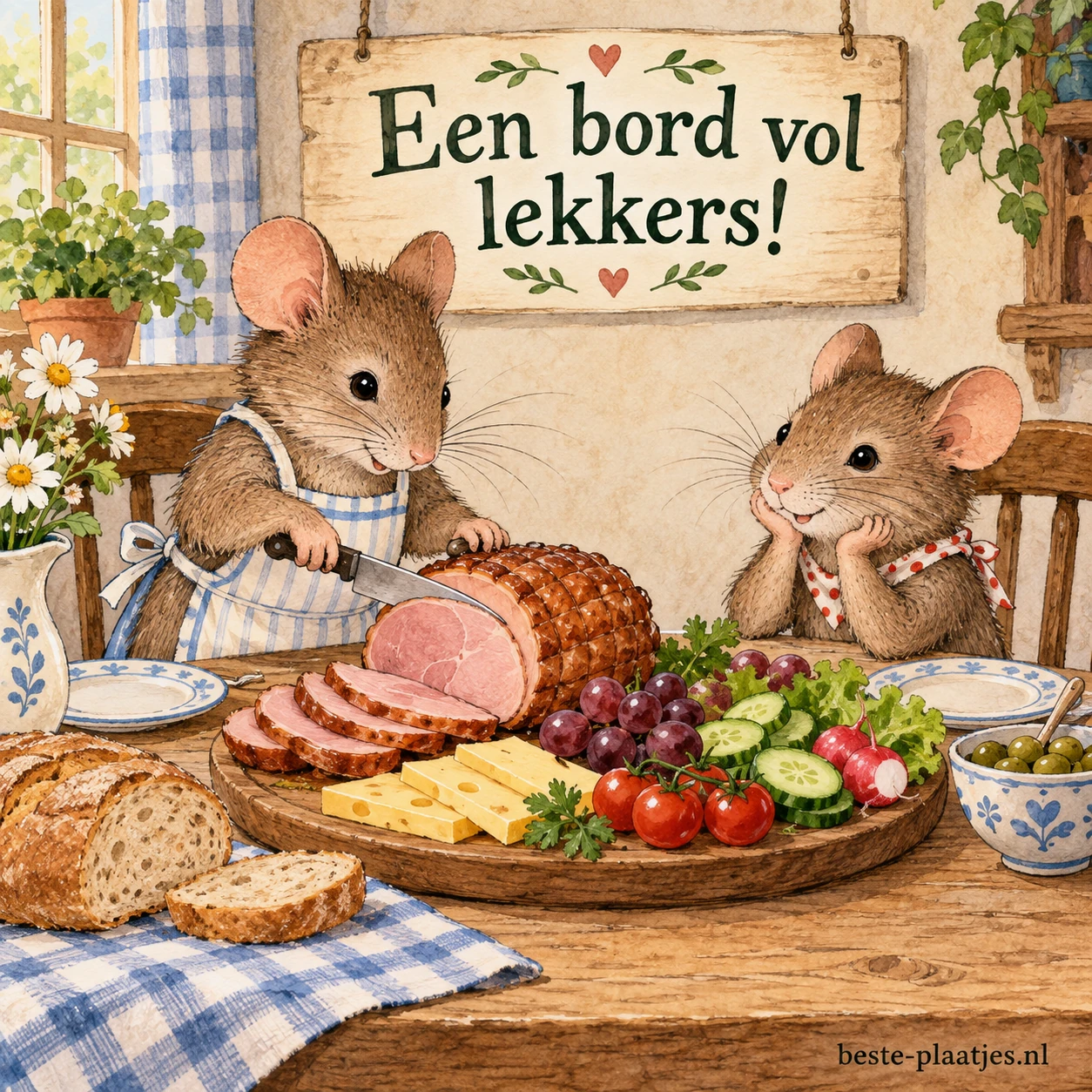 Twee muizen zitten aan tafel met eten, één snijdt ham terwijl de ander toekijkt.
