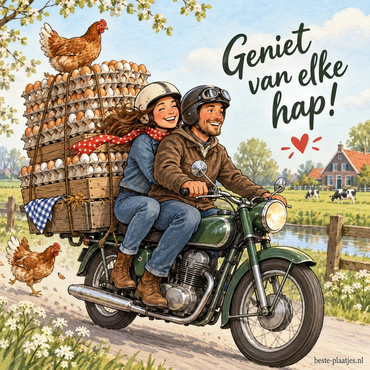 Een stel rijdt op een motor met een hoge stapel eierdozen en een kip bovenop.