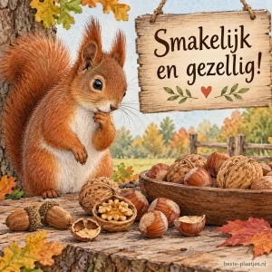 Een eekhoorn kijkt naar noten en denkt na welke te kiezen.