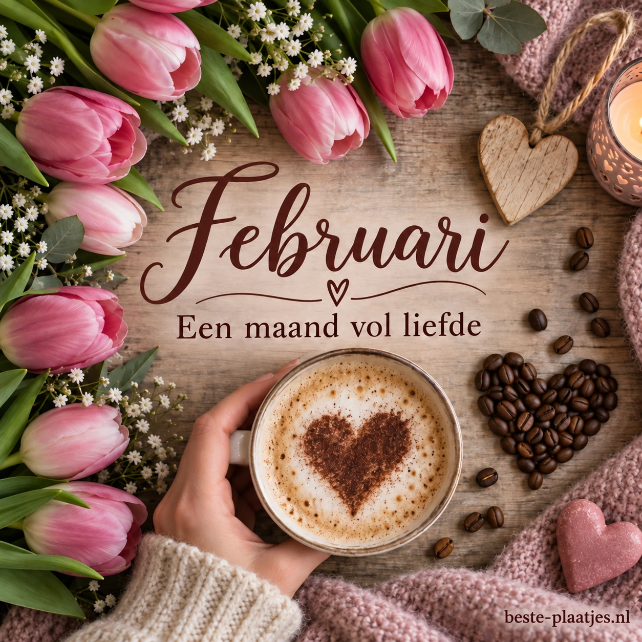 Roze tulpen omringen een kop koffie met een hart van cacao.