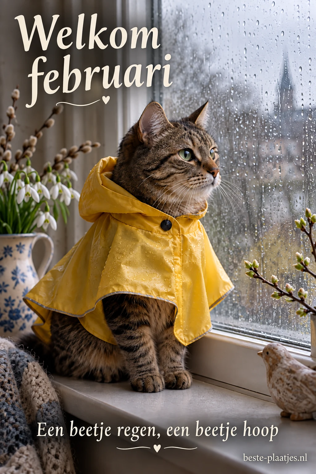 Een kat in een gele regenjas zit voor een regenachtig raam.