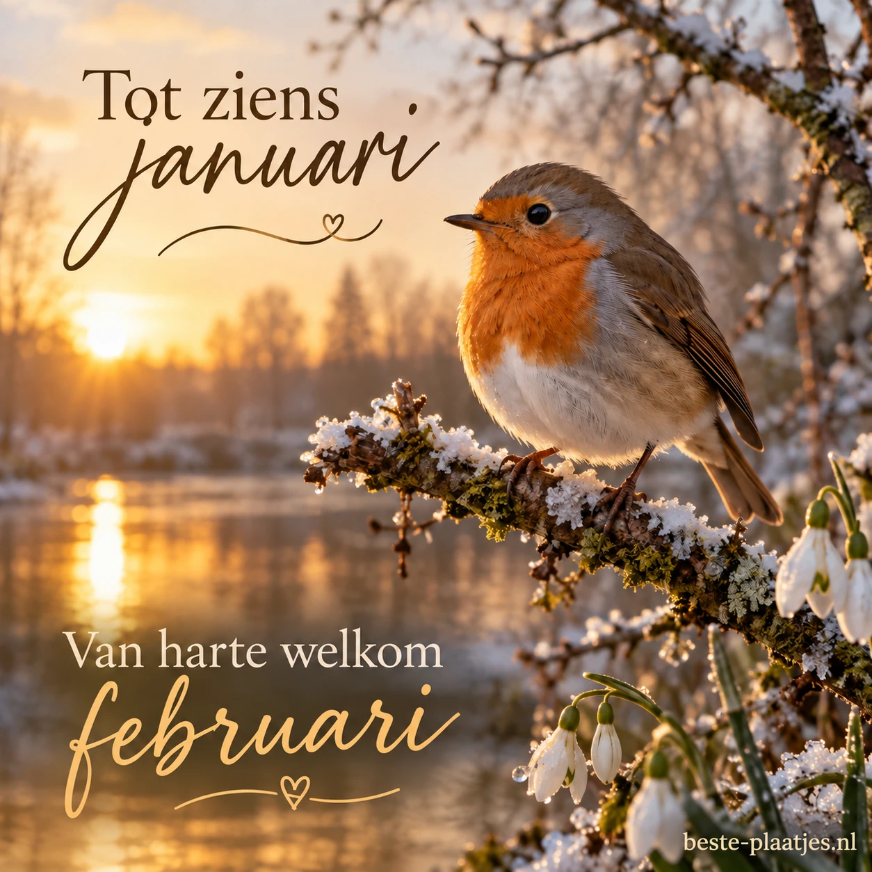 Een roodborstje zit op een tak boven glinsterend water.
