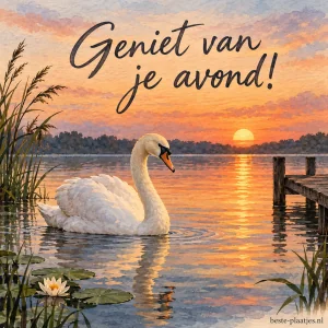 Een zwaan drijft vredig op het water bij zonsondergang, omringd door zachte reflecties.