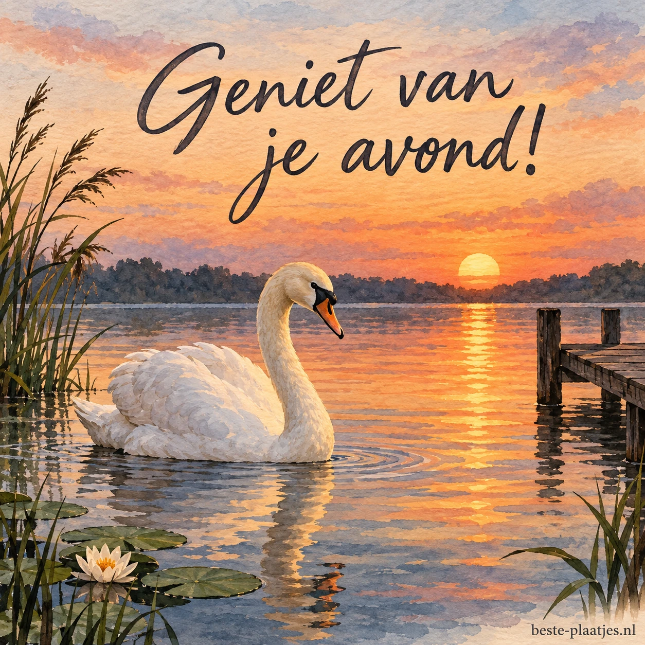 Een zwaan drijft vredig op het water bij zonsondergang, omringd door zachte reflecties.