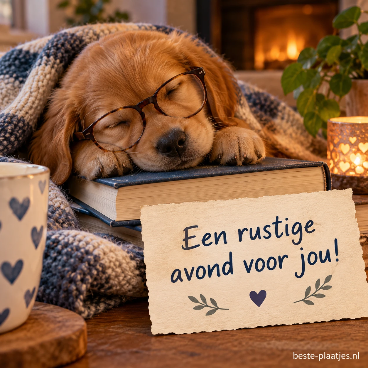 Slapende puppy met een bril op een boek.