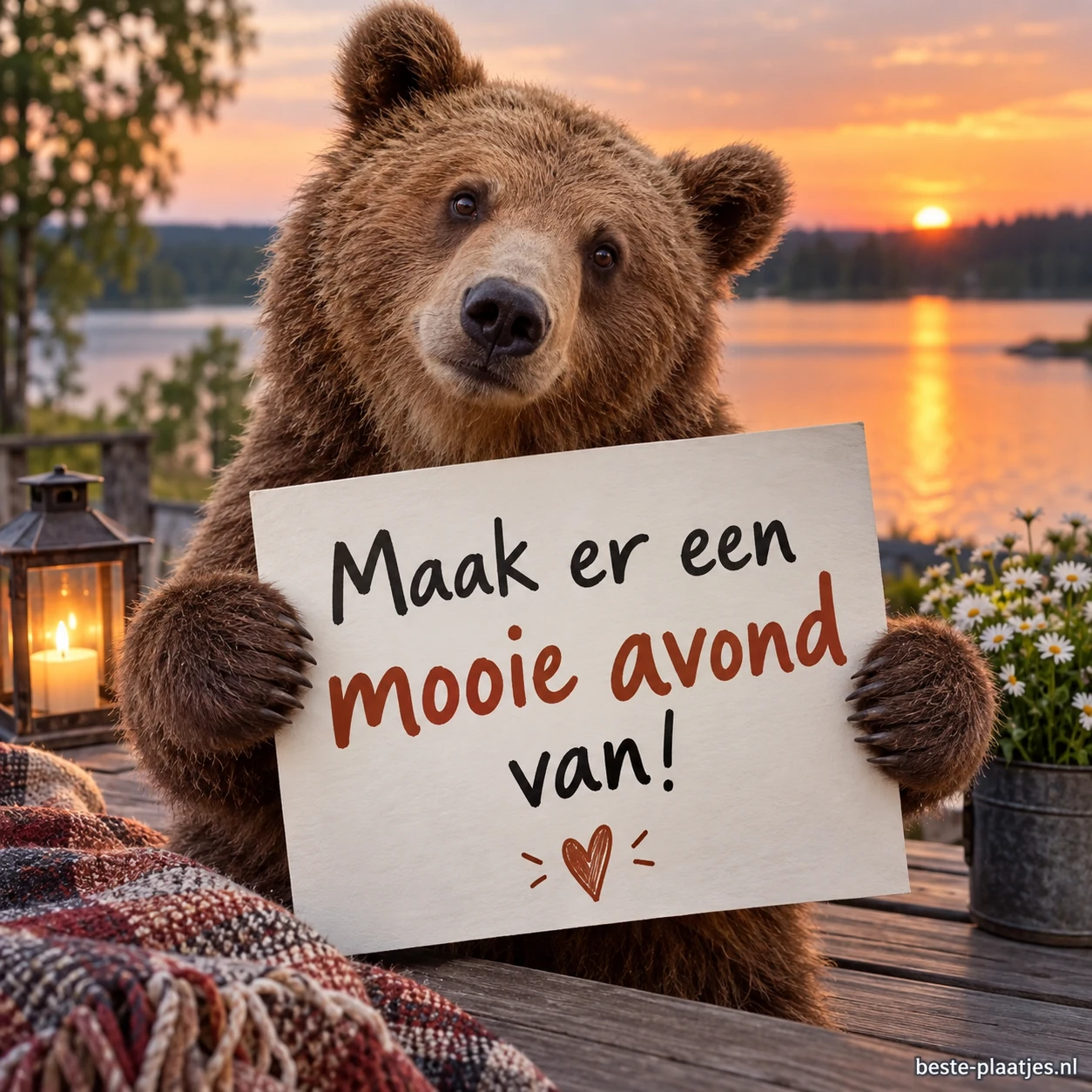Een bruine beer houdt een bord met een avondwens vast bij een meer in de ondergaande zon.