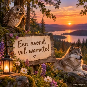 Uil met scheve kop, zonsondergang boven bloemenveld, magisch bos en een glimmende wolf.