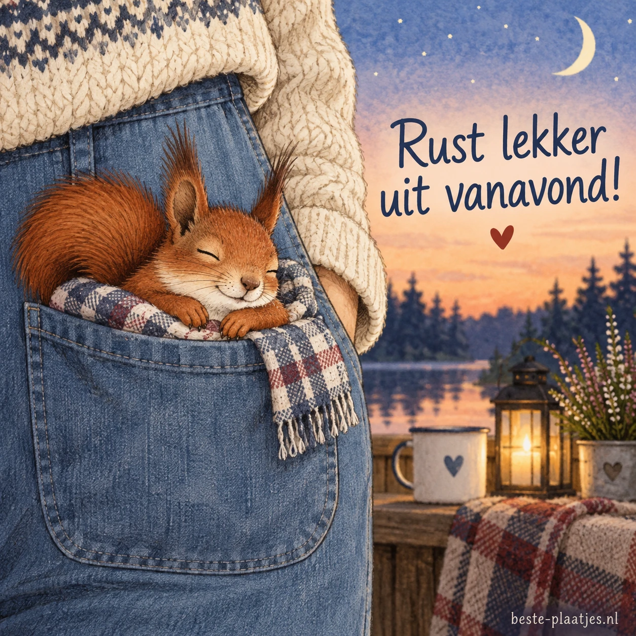 Een eekhoorntje slaapt in een spijkerbroekzak bij een rustig avondlandschap.