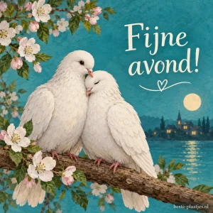 Twee witte duiven knuffelen tegen een turquoise achtergrond met bloesems.