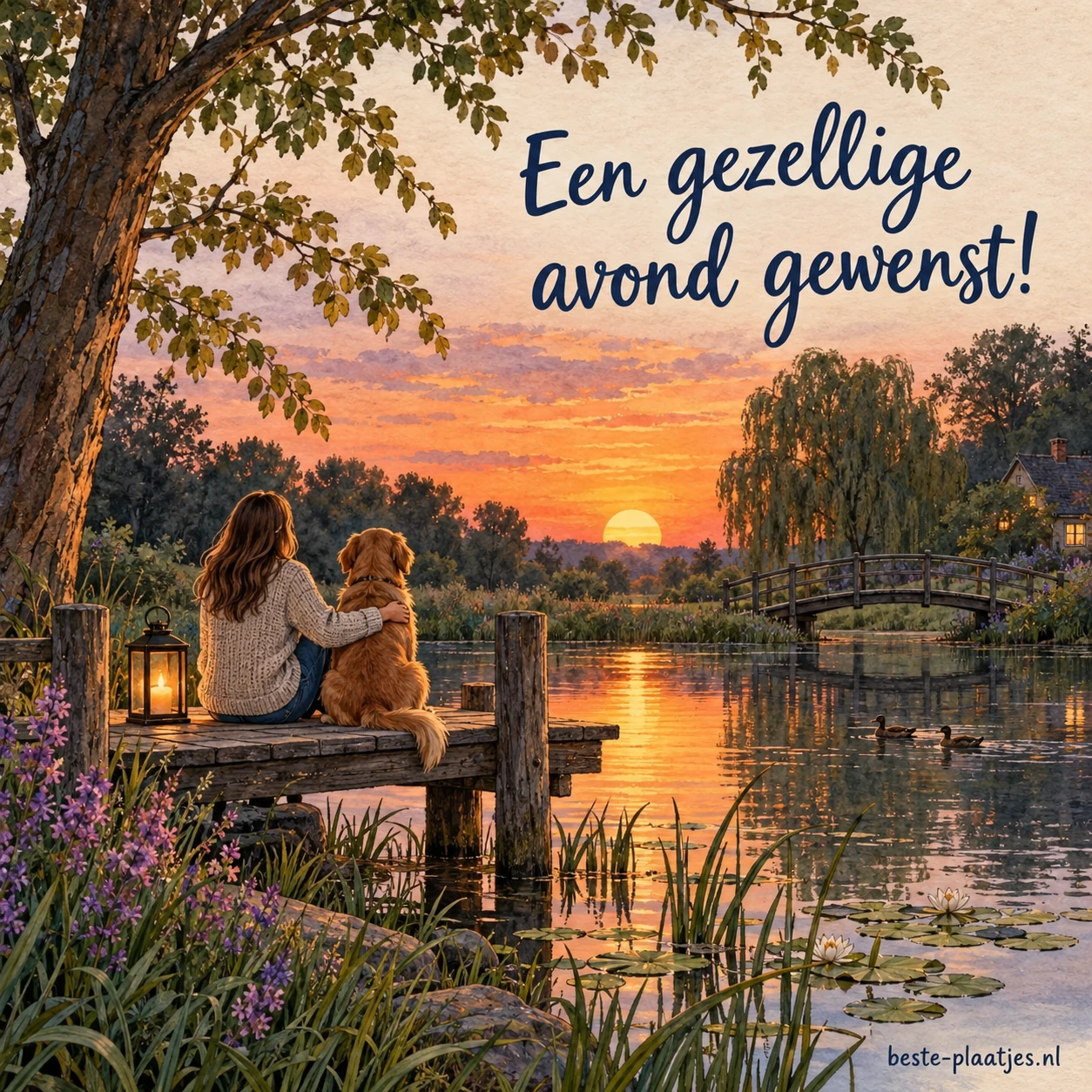 Zonsondergang aan een vijver met een houten brug en bomen.