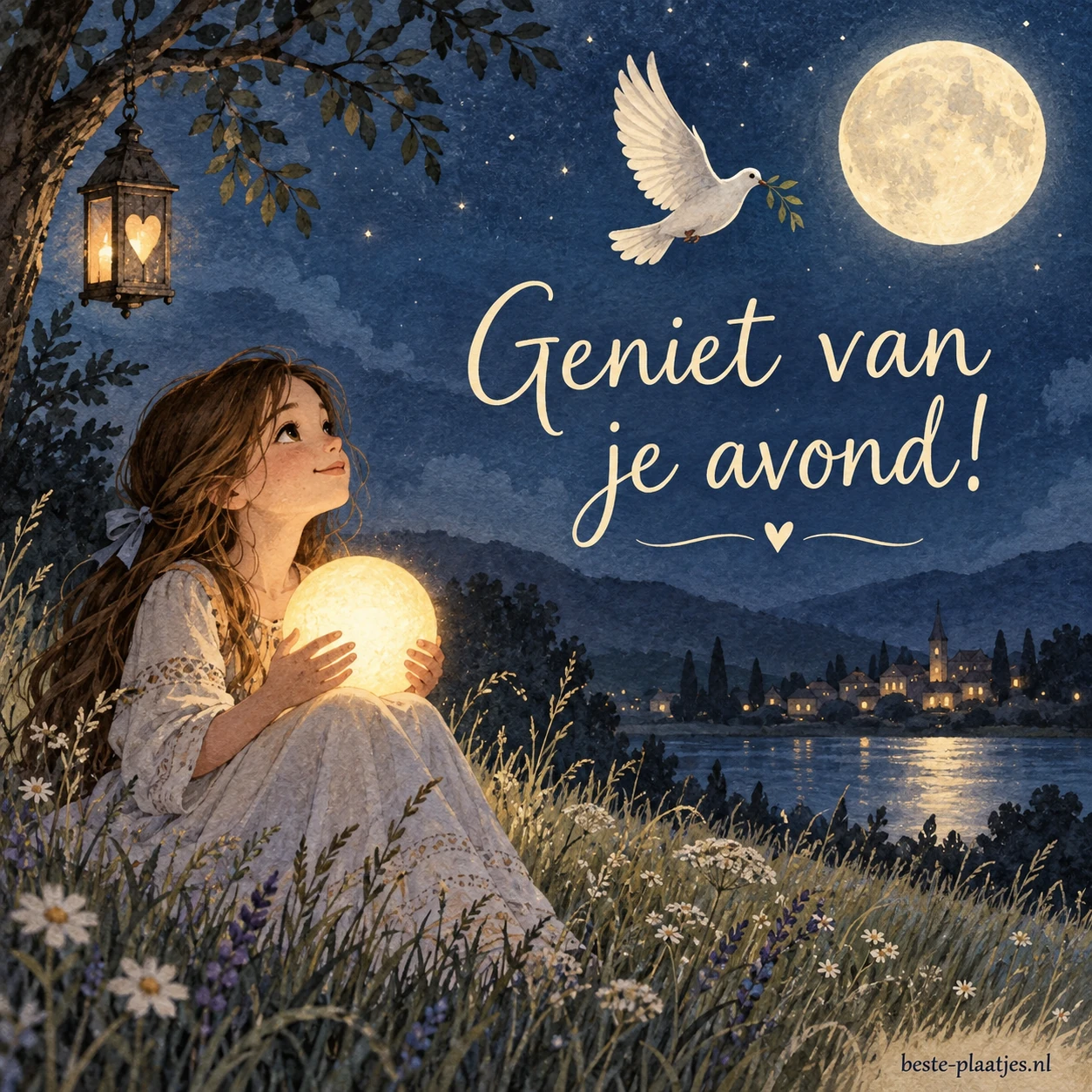 Meisje met lichtbol in een nachtelijk veld, maan en vliegende duif.