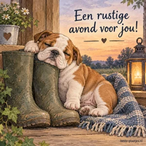 Een slaperige bulldog pup leunt tegen laarzen.