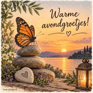 Een vlinder zit op gestapelde stenen bij een meer in de ondergaande zon.