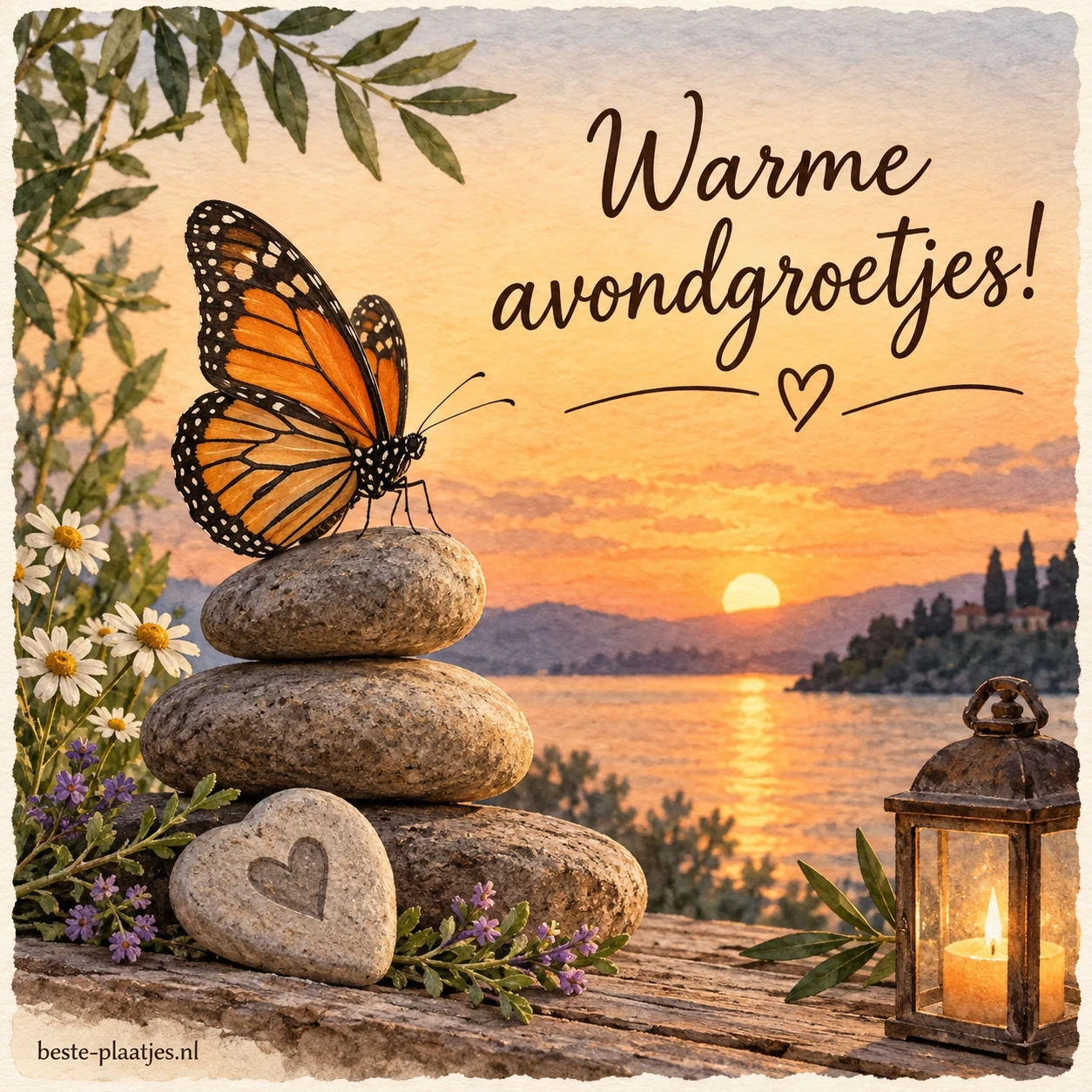 Een vlinder zit op gestapelde stenen bij een meer in de ondergaande zon.