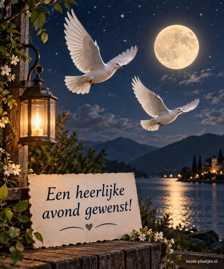 Twee witte vogels vliegen onder een sterrenhemel met een grote maan.