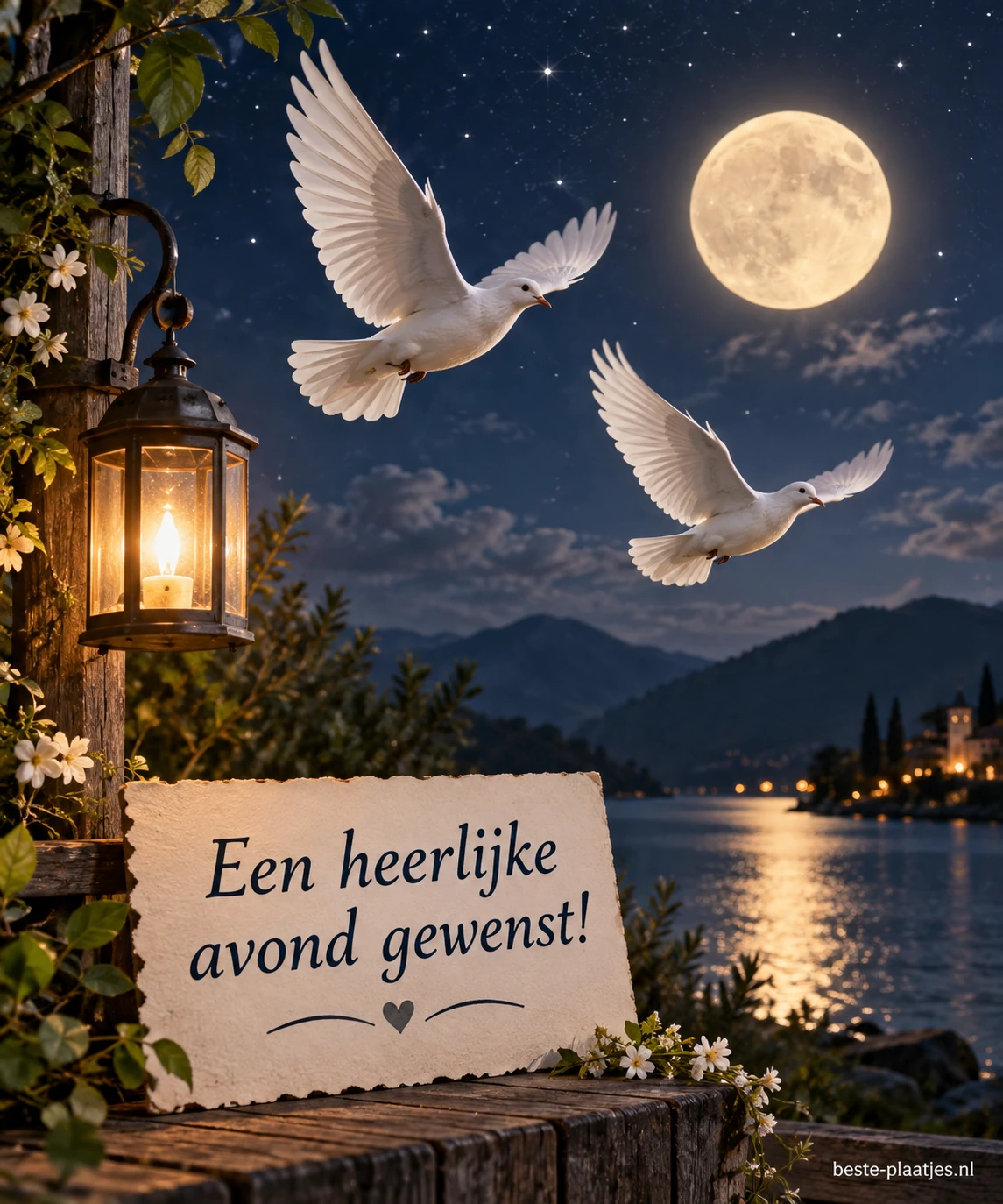 Twee witte vogels vliegen onder een sterrenhemel met een grote maan.