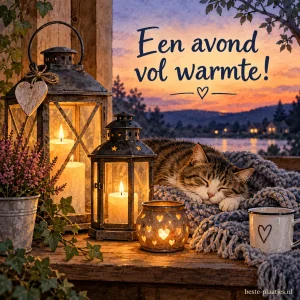 Brandende kaarsen in lantaarns staan naast een slapende kat op een houten tafel.