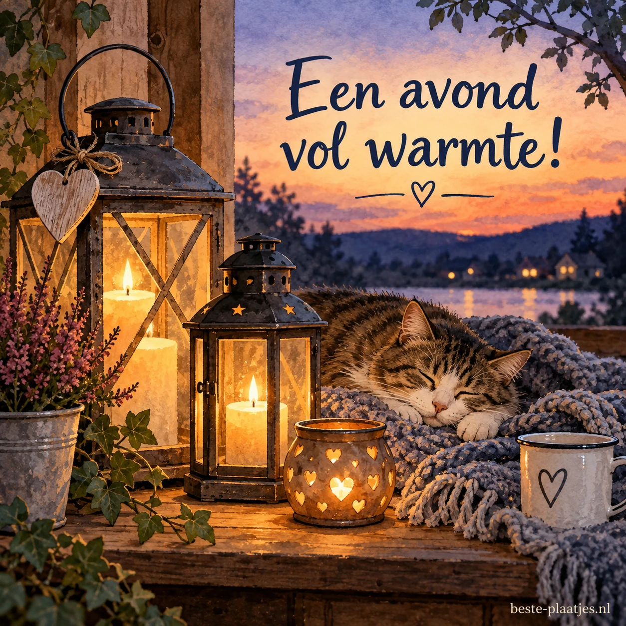 Brandende kaarsen in lantaarns staan naast een slapende kat op een houten tafel.