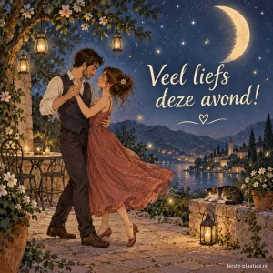 Romantisch koppel danst onder een grote halve maan met fonkelende sterren en vuurvliegjes in een sprookjesachtige avond.