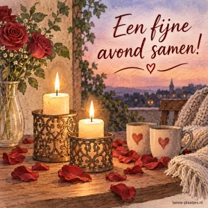 Twee kaarsen in sierlijke houders, rozenblaadjes verspreid.