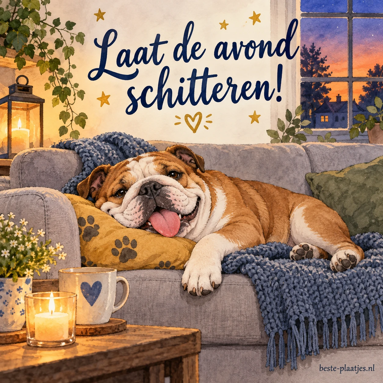 Een ontspannen bulldog ligt met zijn tong uit op een bank onder een warme deken.