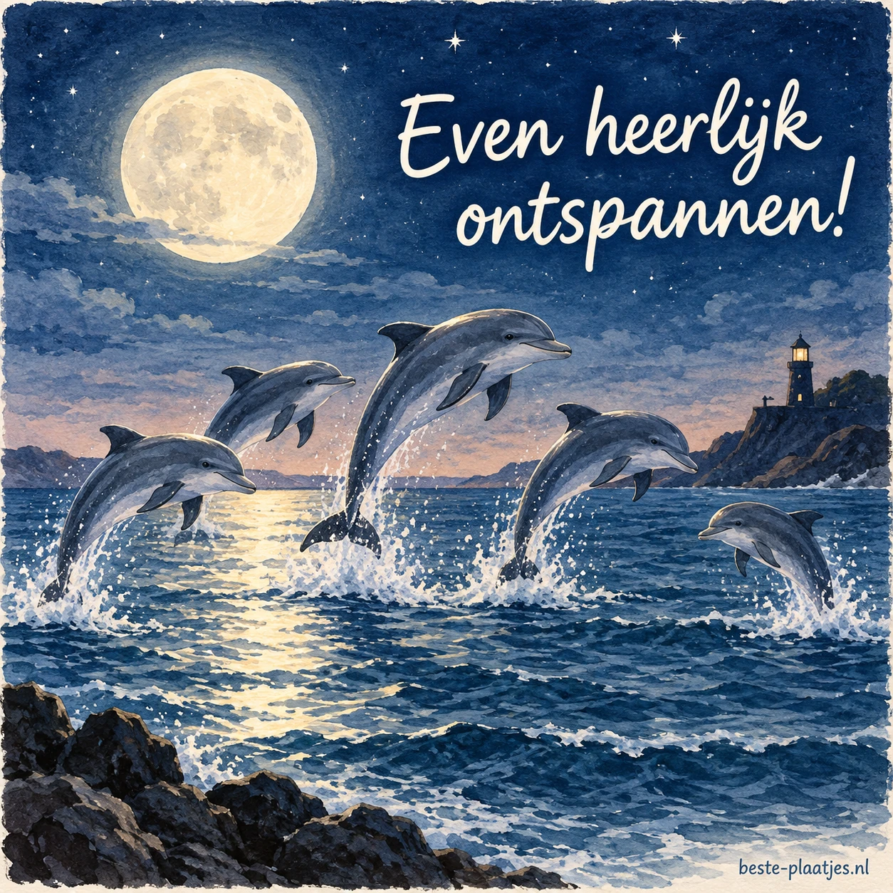 Vijf springende dolfijnen bij maanlicht.