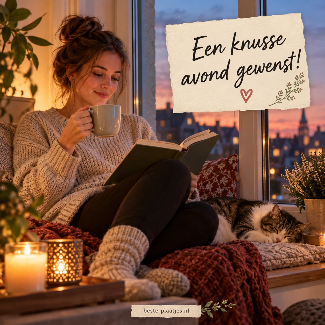 Een vrouw ontspant met een boek en een kop thee op een vensterbank na een drukke werkdag.
