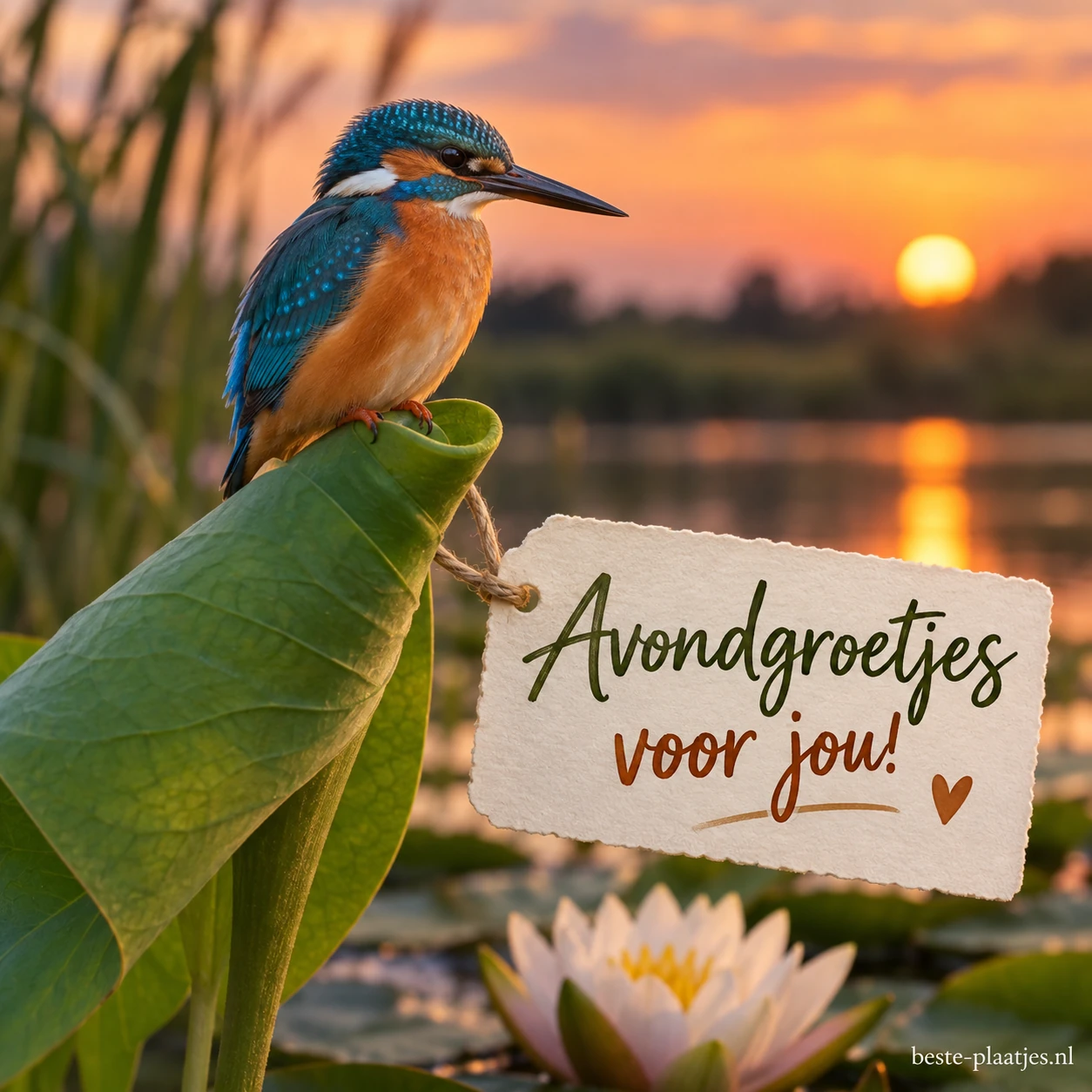 Een kleine ijsvogel zit op een opgerold groen blad bij zonsondergang.