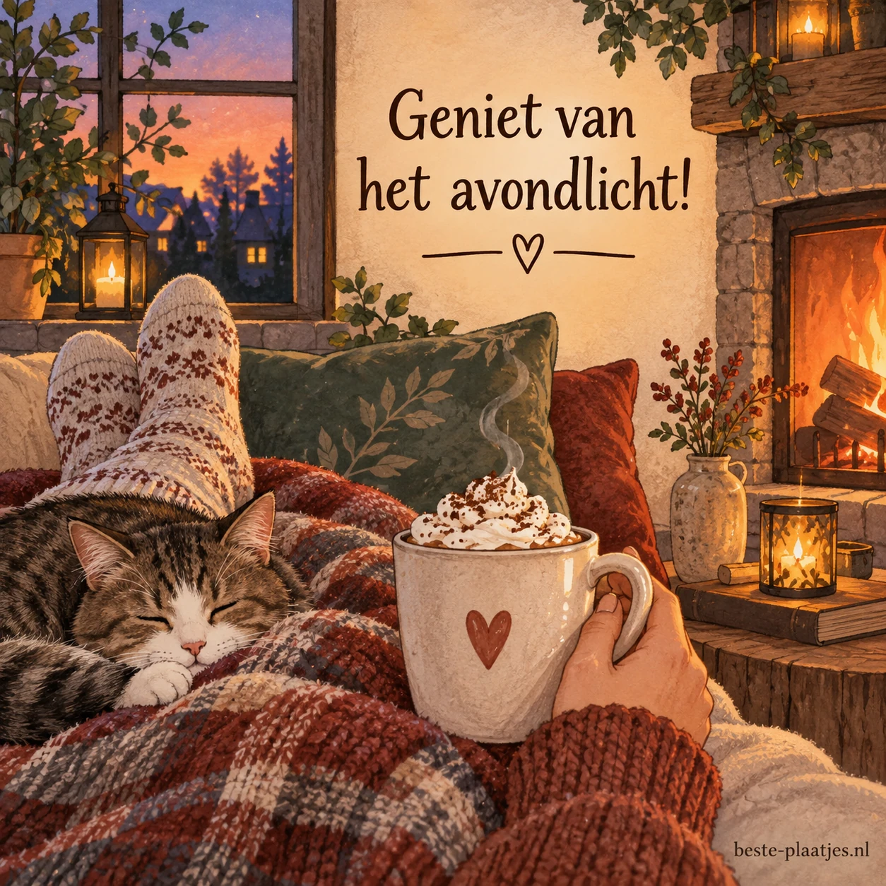 Een mok met slagroom staat voor een warme deken en een slapende kat bij het haardvuur.